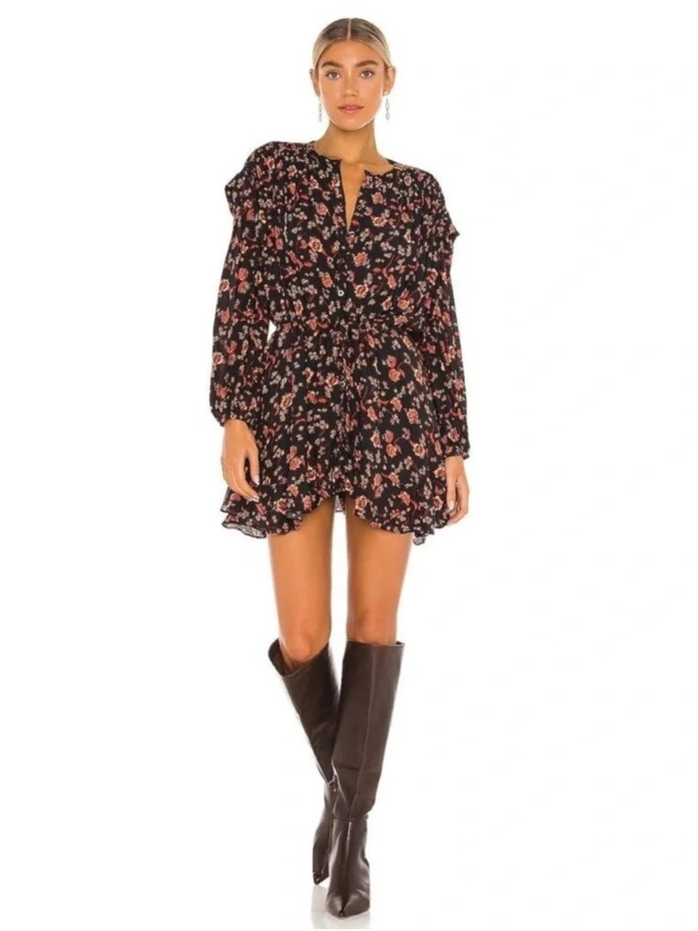 Free People Black Floral Rebecca Long-Sleeve Ruffle Button Front Mini Dress S
